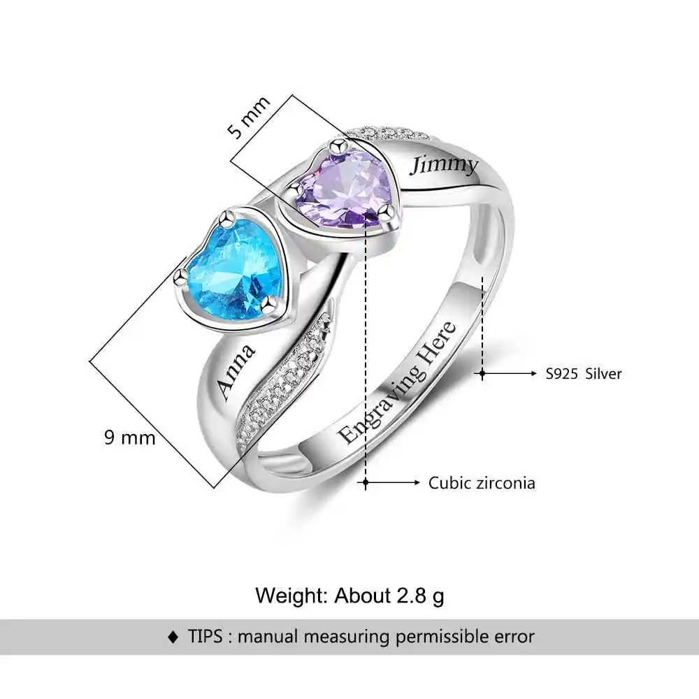 Heart Birthstone Personalized Engrave Name Promise Ring 925 Sterling Silver Anniversary Jewelry Gift For Her (JewelOra RI103261)