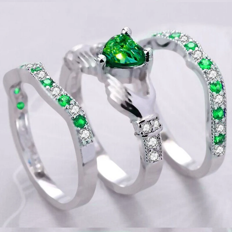 Модные 3 шт. серебристо-Зеленые хрустальные кольца для рук, кольцо в форме сердца, набор для женщин, обручальное кольцо, ювелирные изделия L3K666