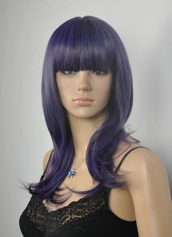 parrucca perruque heat resistant Party cosplays hair TJ&gt&gtNew Fashion Dark Purple Mixed Straight Long Cosplay Wig with Hairnet EC |