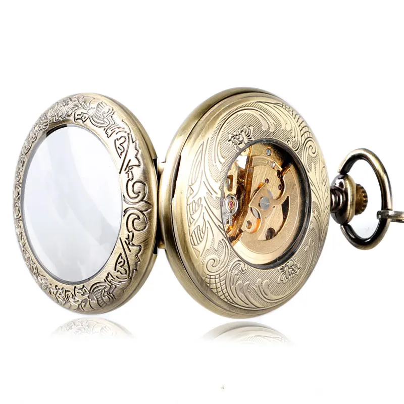 Luxury Bronze Roman Numerals Automatic Mechanical Pocket Watch Men Women Carving Retro Transparent Glass Cover Chain Gift pocket watch