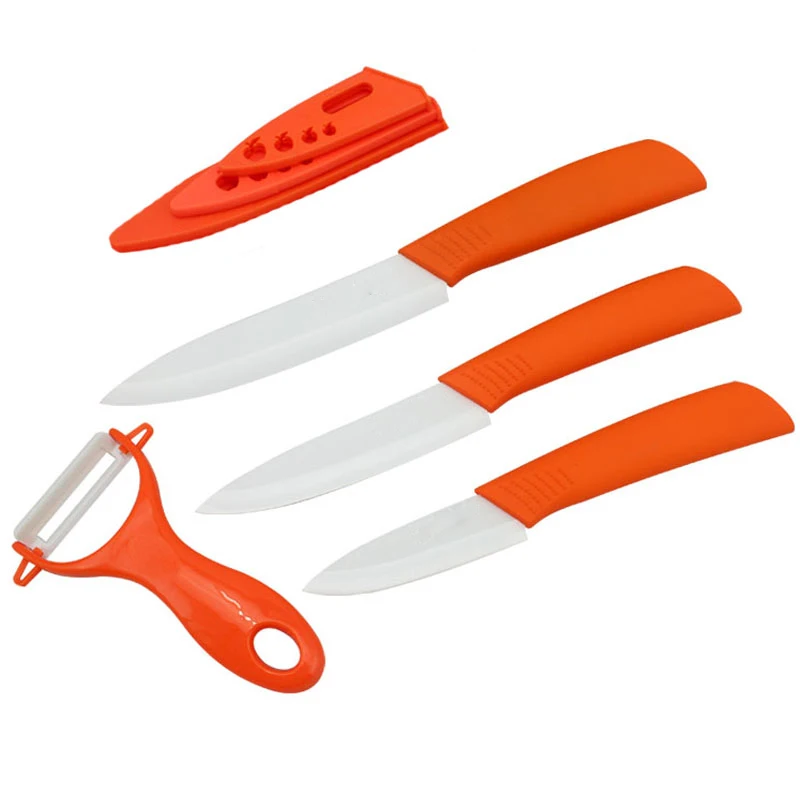 Набор керамических ножей из четырех частей " 4" " дюймов+ Овощечистка+ крышки, кухонные ножи с зеленой ручкой, керамические ножи для очистки овощей - Цвет: Orange ceramic knife