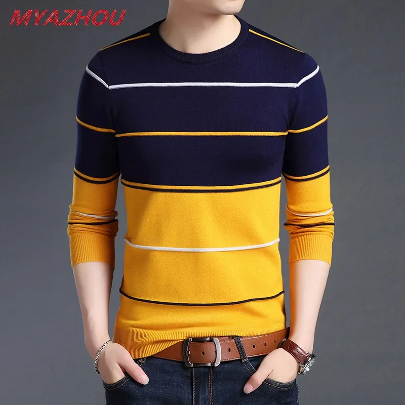 

2019 new fashion brand sweater men's pullover fashion striped slim sweater stretch tight knit wool winter sweater large size 4XL
