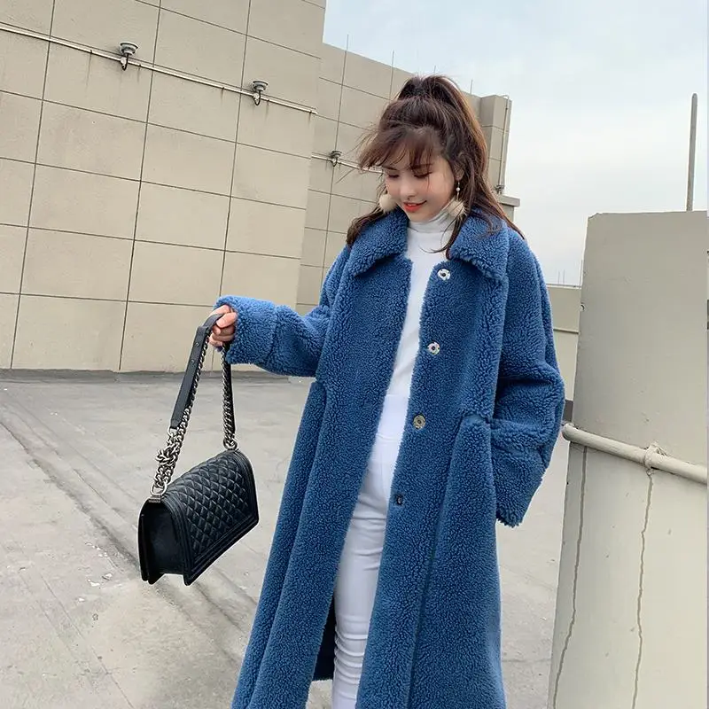 Женская зимняя новая шуба из шерсти ягнёнка, меховая натуральная оторочка из овечьей шерсти, длинные пальто, женская плюшевая куртка из натуральной шерсти K295 - Цвет: Dark blue