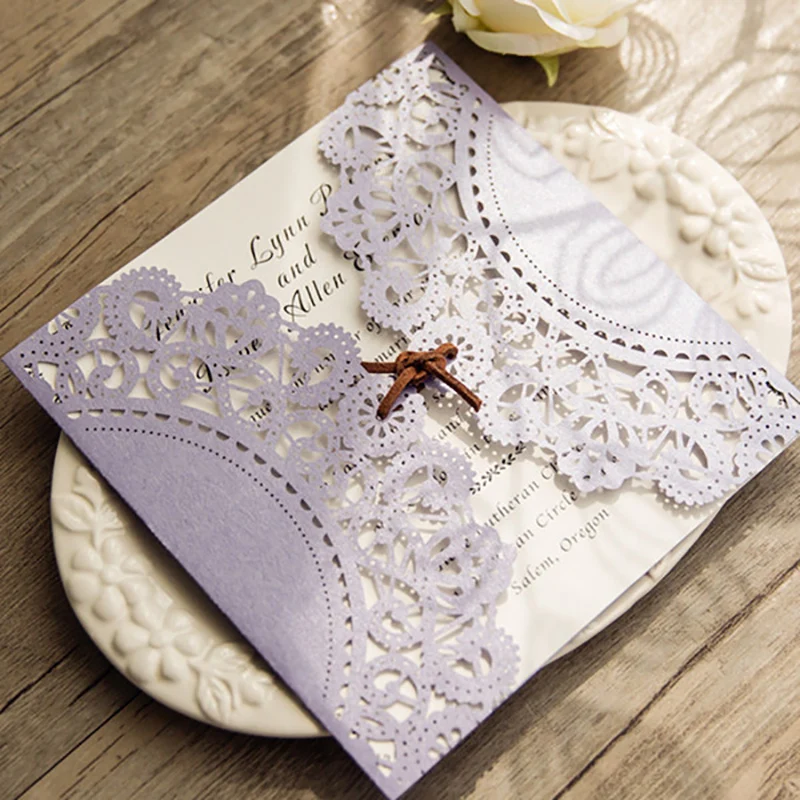 

100Set wholesale Design gear Pattern Violet Purple Flower Laser Cut Invitations Cards Print Wedding Convites Send Envelope Seal