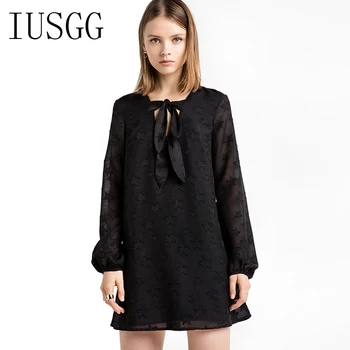 

Preppy Style Spring New Female Lace Bow Chiffon Long-Sleeved Word Black Dress Was Thin