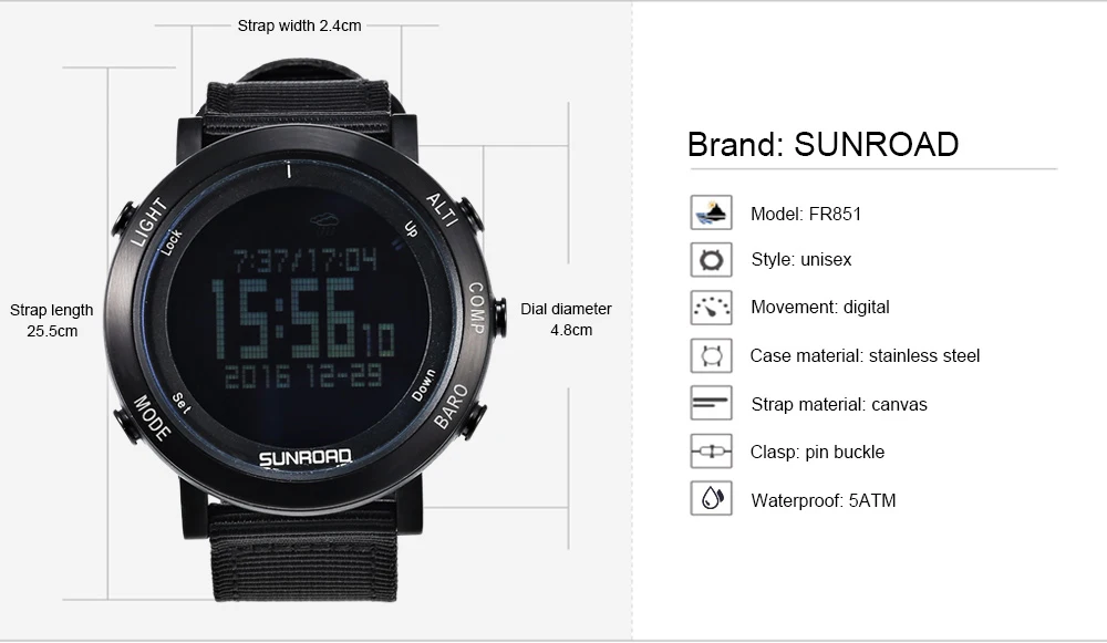 SUNROAD Открытый спортивные часы для мужчин для женщин цифровой Спорт часы EL подсветка погода Секундомер Таймер компасы наручные часы