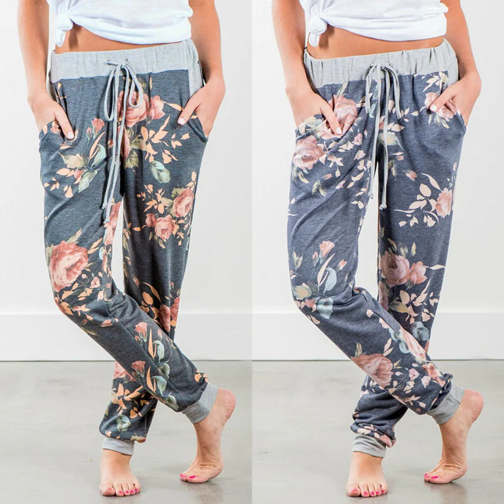 2018 Women Floral Printed Loose Stretch High Waist Wide