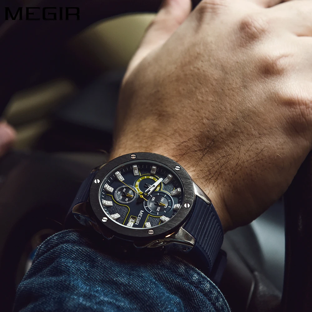 MEGIR 2020 Fashion Men Sport Watch with Chronograph Waterproof Silicone Quartz Military Men Watches