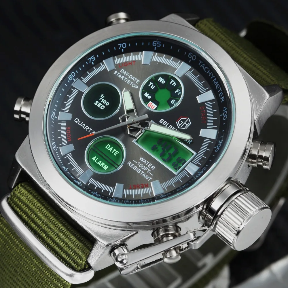 

GOLDENHOUR Sports Casual Digital Watch Men Quartz Dual Time Alarm Multifunction Nylon Strap Military Waterproof Wrist Watches