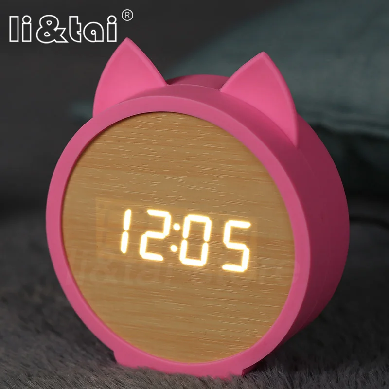 

Cute Cat Silicone Electronic Wooden table clock LED Wooden Alarm Clocks Cartoon Calendar Perfection Voice Control for kid's