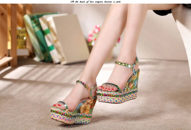 14_2016 Summer New Fashion Rhinestone High Heel Open Toe Sandals Casual Bohemian Wedge Elegant Shoes For Ladies High Quality