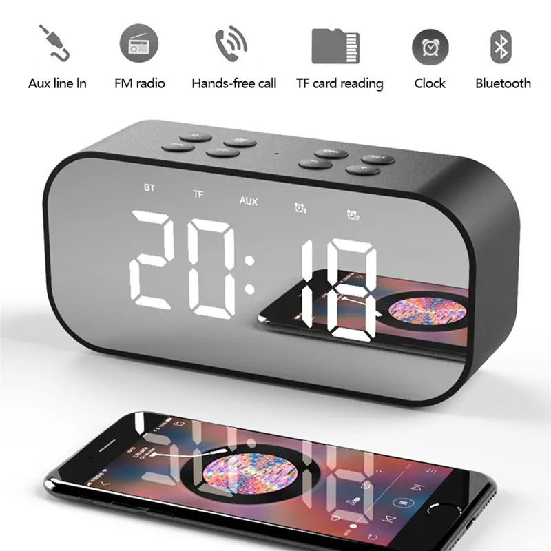 

SOONHUA Portable Wireless Bluetooth Speaker Bluetooth 5.0 HiFi Music Column Subwoofer Desktop Mirror Screen Display Alarm Clock