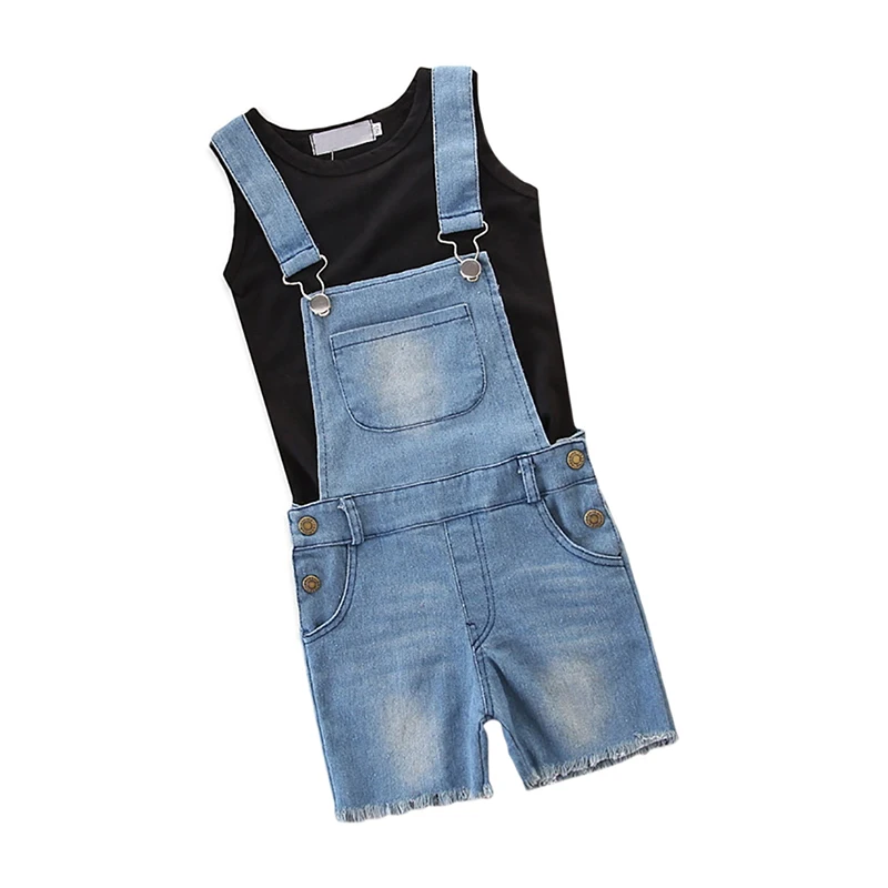 Summer Children Casual Clothing Set Girls Sleeveless Black Top + Denim