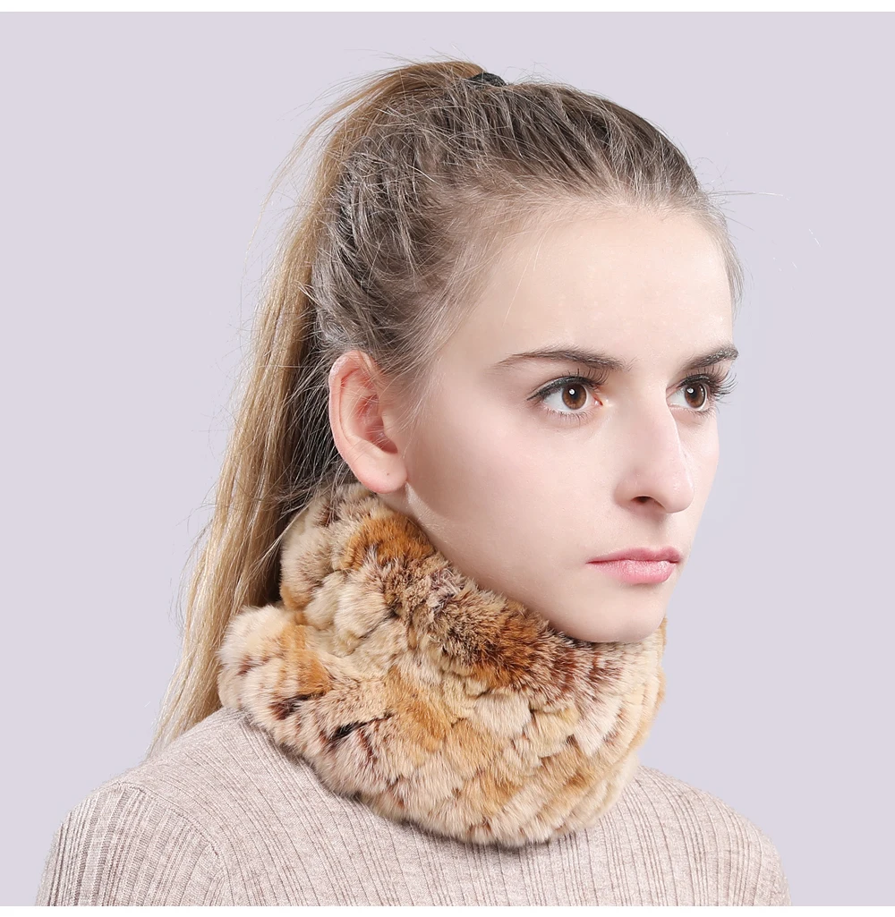 Women Real Fur Handmade Stretch Fur Scarf Knit Genuine Rex Rabbit Fur Headbands Girls Natural Fur Ring Cowl Snood Scarves Winter