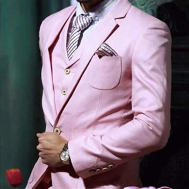 Розовые Свадебные смокинги для жениха с зазубренным отворотом из трех частей, прямые официальные мужские костюмы для вечеринки(пиджак+ брюки+ жилет