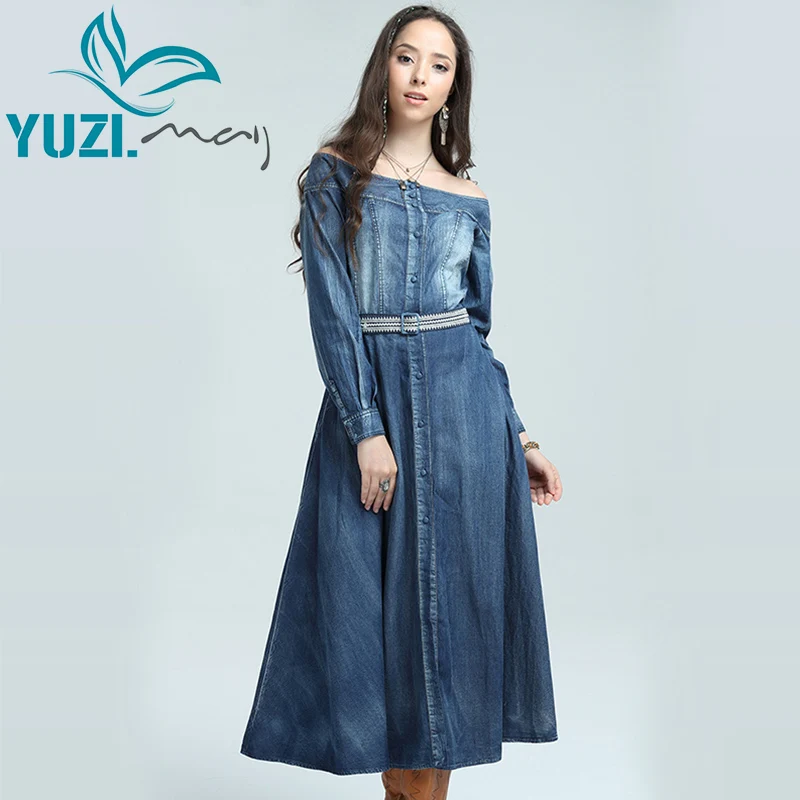 

Women Dress 2017 Yuzi.may Boho New Denim Dresses Slash Neck A-line Single Breasted Embroidery Belt Vestidos A82050 Vestido