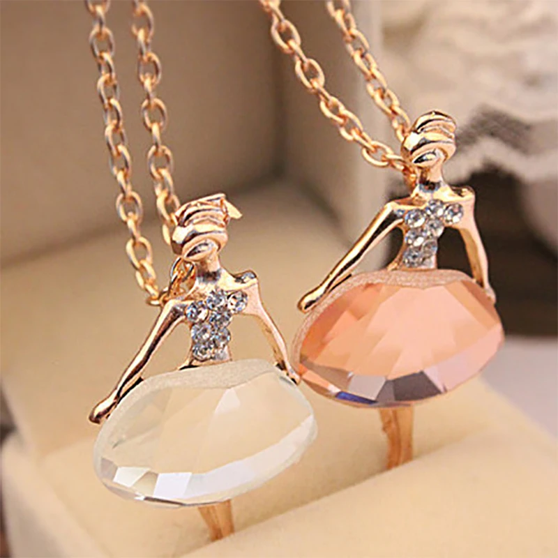 Dancing Girl Necklaces Gold Chain Rhinestone Crystal Pendants Women