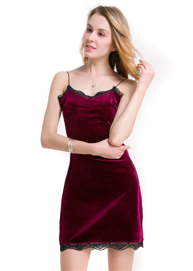 Women Brief Style Velvet Slip Dress Suspender Strap Sexy One Piece