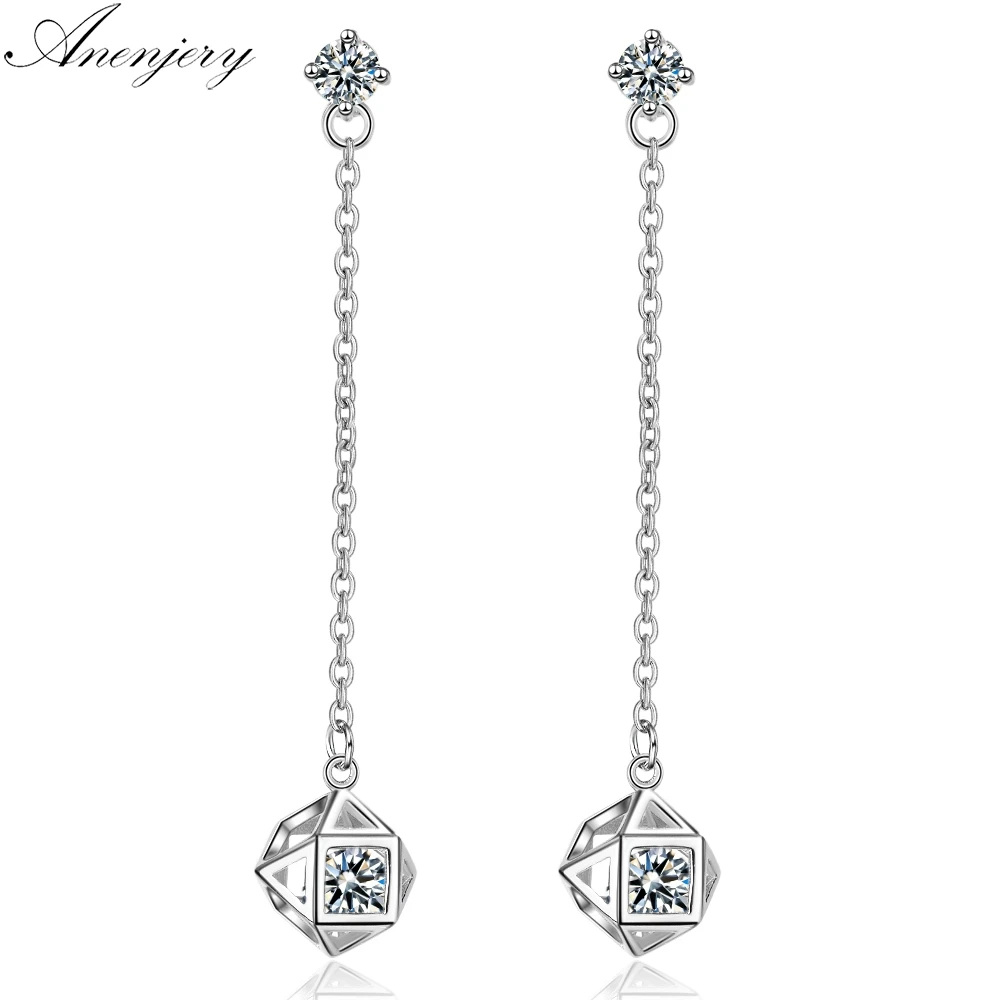 

Anenjery Simple 925 Sterling Silver Shiny Zircon Cube Long Tassel Chain Earrings For Women oorbellen S-E763