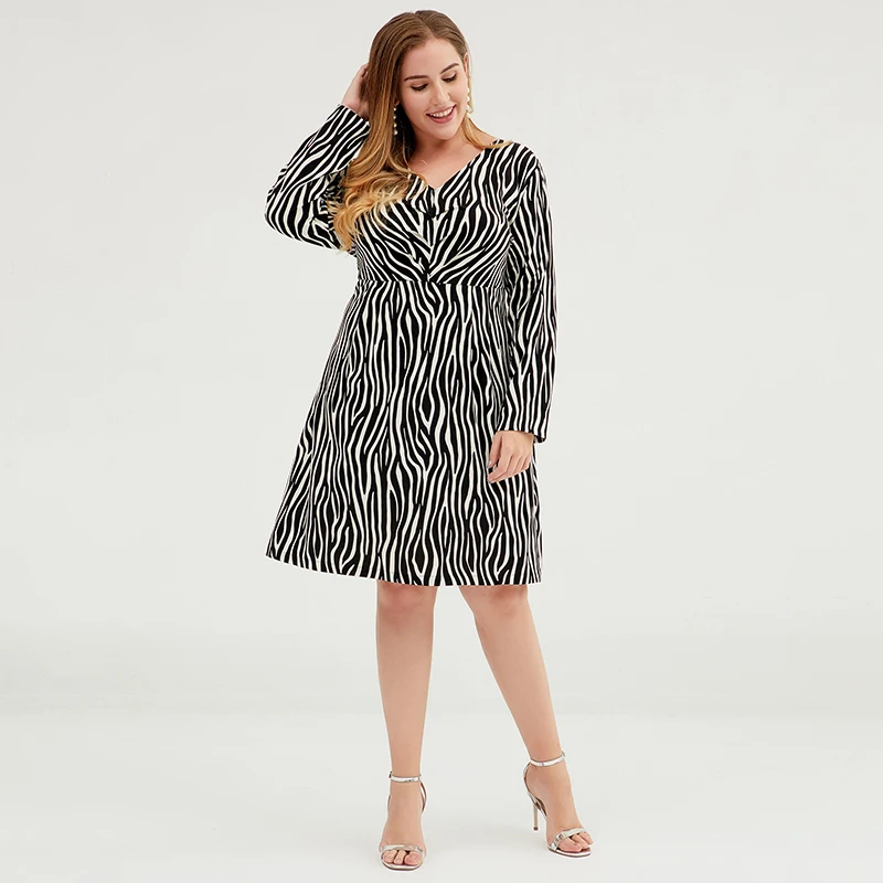 Buykud Women Summer Elegant V-Neck Long Sleeve Loose Party Vestidos Casual Dress  Zebra-Striped Plus Size Women Clothes (5)