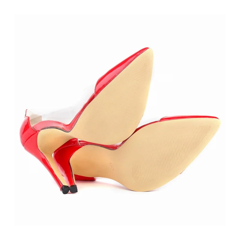 Женские туфли-лодочки на высоком каблуке с красной подошвой по индивидуальному заказу; пикантные женские вечерние туфли из лакированной кожи с острым носком и прозрачной прострочкой; NLK-A0047