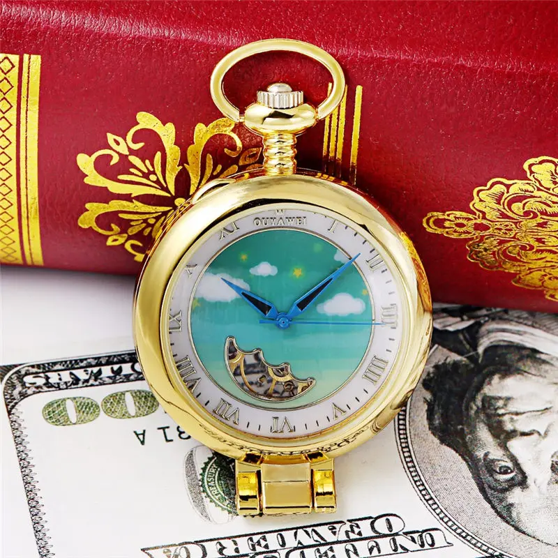 OUYAWEI Kid's Cute Mechanical Pocket Watch Adorable Cloud and Star Dial watch Necklace Chain Kids Children Birthday Xmas Gifts