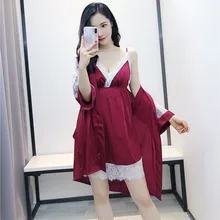 Весенняя Новинка, женская одежда для сна из 2 предметов, сексуальное кружевное платье для невесты, платье для подружки невесты, вискозный Шелковый комплект-двойка, халат, v-образная Пижама, M, L, XL