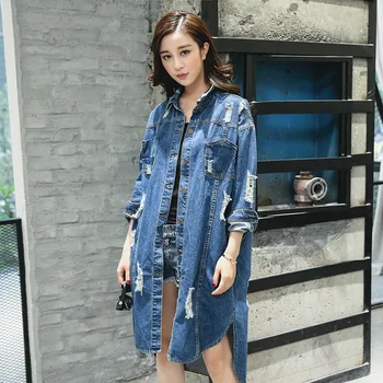 

Women Autumn New Irregular Denim Long Coat Printed Hole Ripped Windbreaker Trench Long Sleeve Hip Hop Loose Casual Jean Overcoat