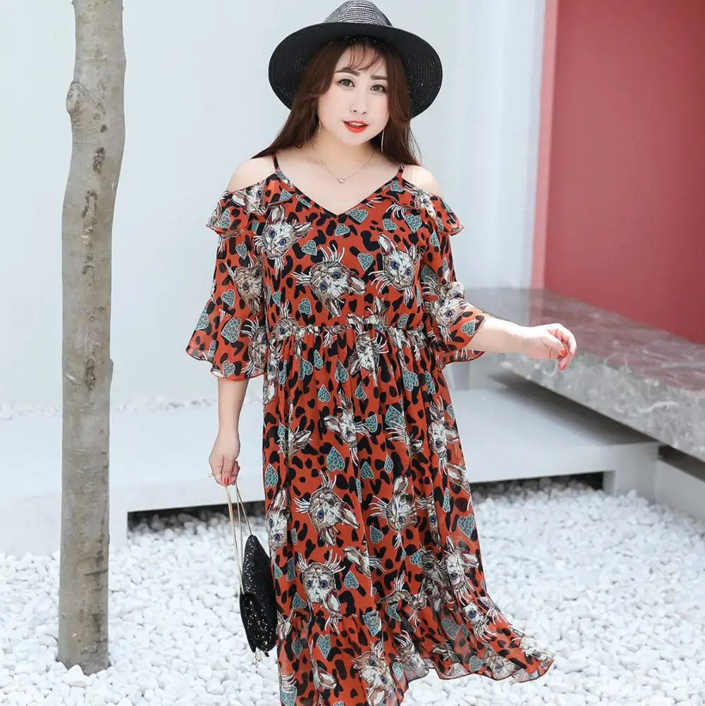 

MINSUNDA Plus Size Cold Shoulder Printed Chiffon Dress Women V Neck Ruffle Elegant Midi Dresses Flare Sleeve Casual Beach Dress