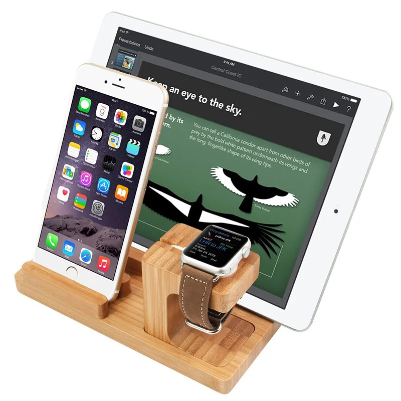 

Newly Wooden Charging Dock Station 4 Charging Port Multi-Function Holder Compatible with iPhone Android
