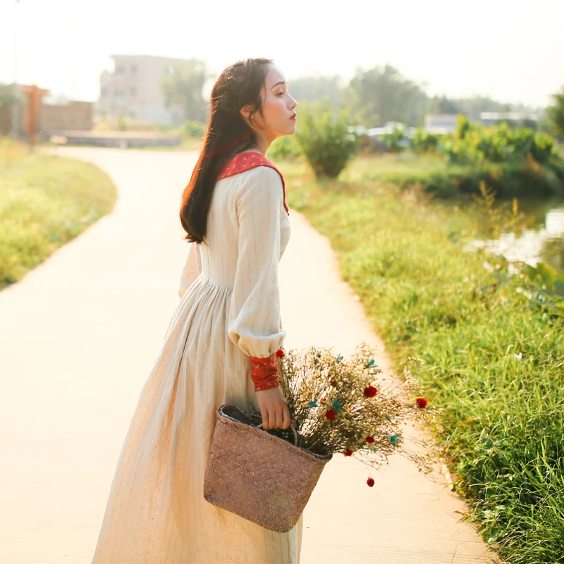 Линетт китайский стиль весна осень дизайн для женщин деревенский Винтаж Тонкий лук лоскутное хлопок лен платья
