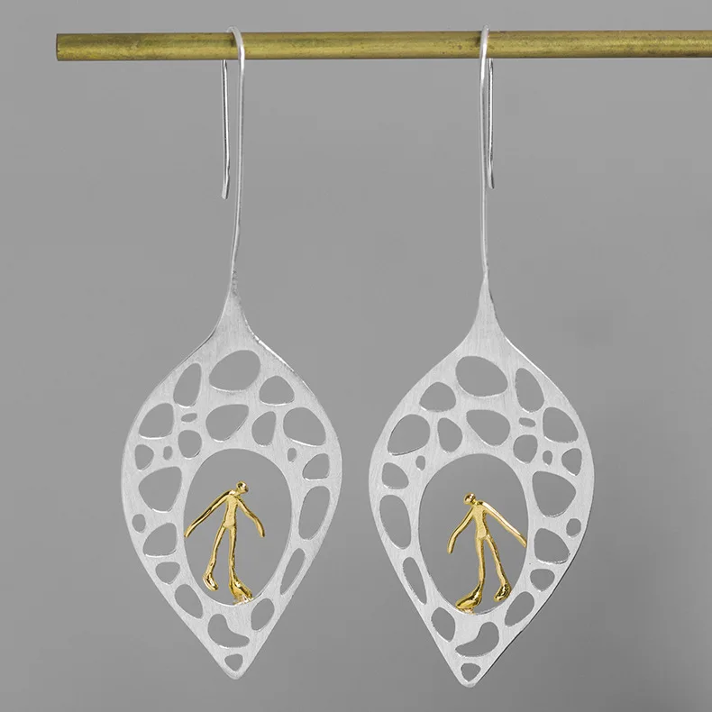 

CMAJOR Handmade 925 Sterling Silver Two Tone Filigree Leaf Lonely Me Drop Earrings Vintage Original Fine Jewelry Wholesale