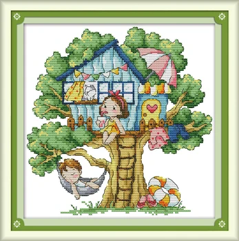 

Summer tree house Cross Stitch Kits Cartoon pattern Printed canvas Girl Embroidery Needlework Easy Cross-stitch 14CT 11CT Fabric