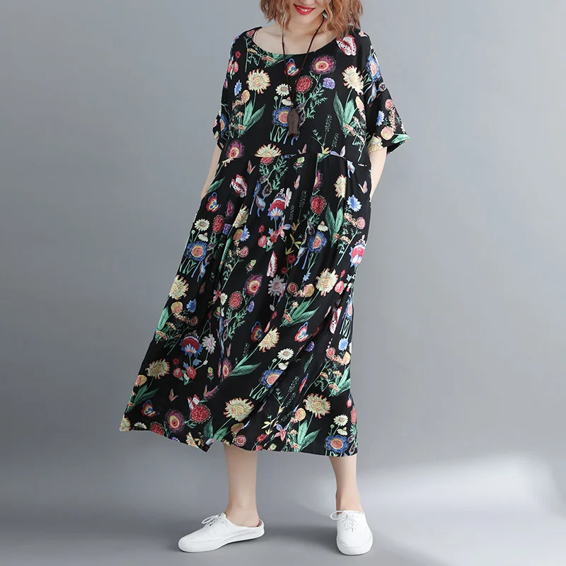 

Oversized NEW Large size Mid-Long Cotton Dress Summer Loose A-Line Dress Plus Size Short Sleeve Vestidos Tunic