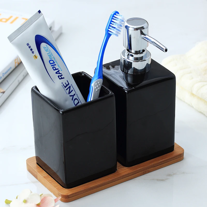 Ceramic Hand Sanitizer Bottle Pressing Shower Gel Bottle Toothbrush Cup Tumbler Set with Bamboo Tray Bathroom Accessories Ceramic Hand Sanitizer Bottle Pressing Shower Gel Bottle Toothbrush Cup Tumbler Set with Bamboo Tray Bathroom Accessories