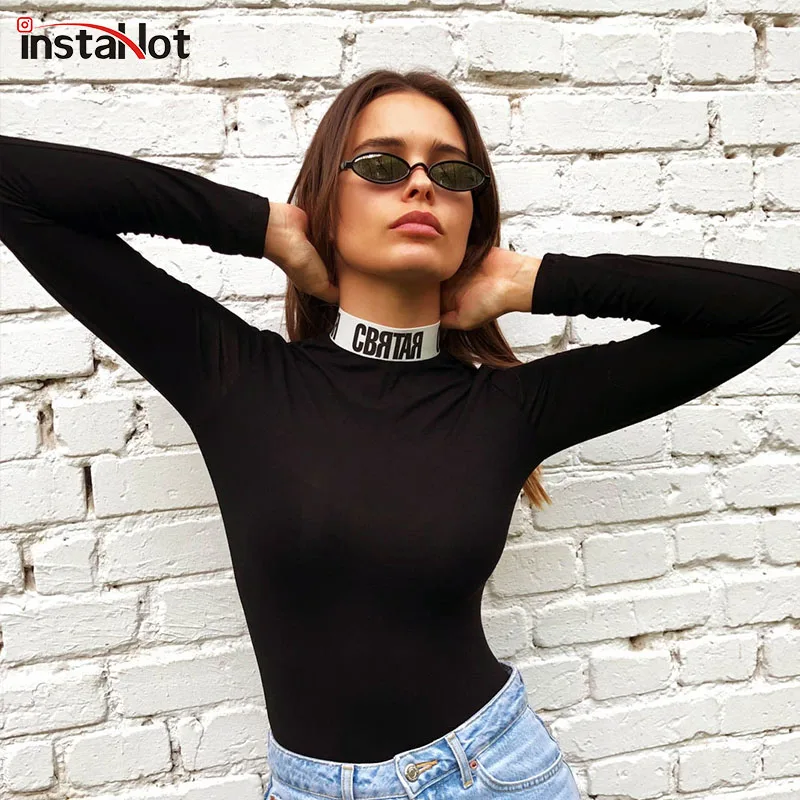 InstaHot Cotton Letter Print Turtleneck Bodysuits Women Mock Neck Autumn Bodycon Tops Playsuits Elastic Party Fashion Blouse