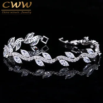 CWWZircons High Quality White Gold Color Women Cubic Zirconia Leaf Shaped Fashion Bridal Wedding Party Jewelry Bracelets CB099