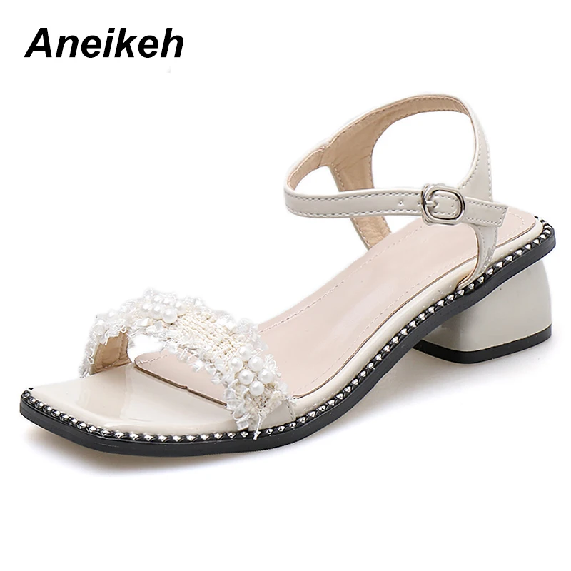 

Aneikeh 2019 PVC Sweet String Bead Square High Heels Shoes Woman Dance Sandals Buckle Strap Sandals PU Solid Apricot Black 35-40
