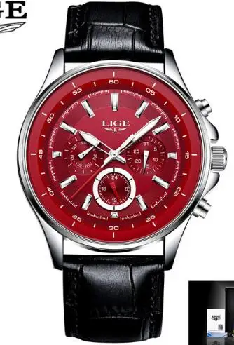 LIGE спортивные мужские часы, мужские кварцевые наручные часы, водонепроницаемые, ударопрочный стальной ремешок, черные армейские мужские часы, мужские часы Hodinky+ коробка - Цвет: leather red