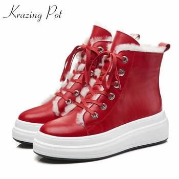 

Krazing Pot genuine leather sheep fur round toe keep warm boots style ankle boots flat platform leisure Chelsea ankle boots L82