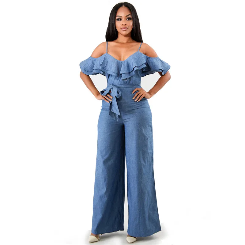 jean off the shoulder jumpsuit