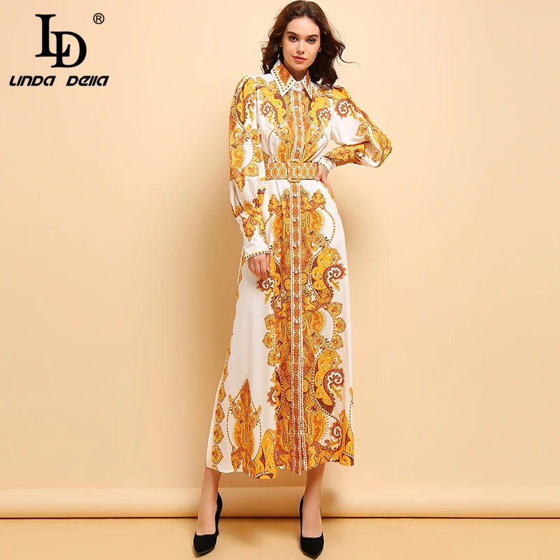 

LD LINDA DELLA Autumn Fashion Runway Maxi Dress Women's Long Sleeve Belted Gorgeous Printed Elegant Holiday Vintage Long Dress