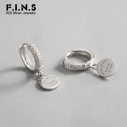 F.I.N.S S925 серебро микро-инкрустированные CZ, висящие сережки геометрические круглые слова бирка Женская Серьга Серебро 925 ювелирные изделия
