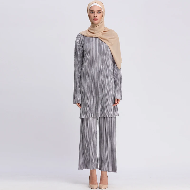 Абая, для мусульман кимоно, индонезийский Женский повседневный комплект из двух предметов, плиссированный топ с длинными рукавами, штаны