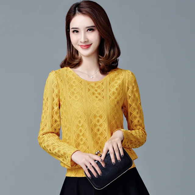 4XL Plus Size Lace Blouse 2017 New Spring Autumn Women Black Yellow Top Shirt Fashion Long