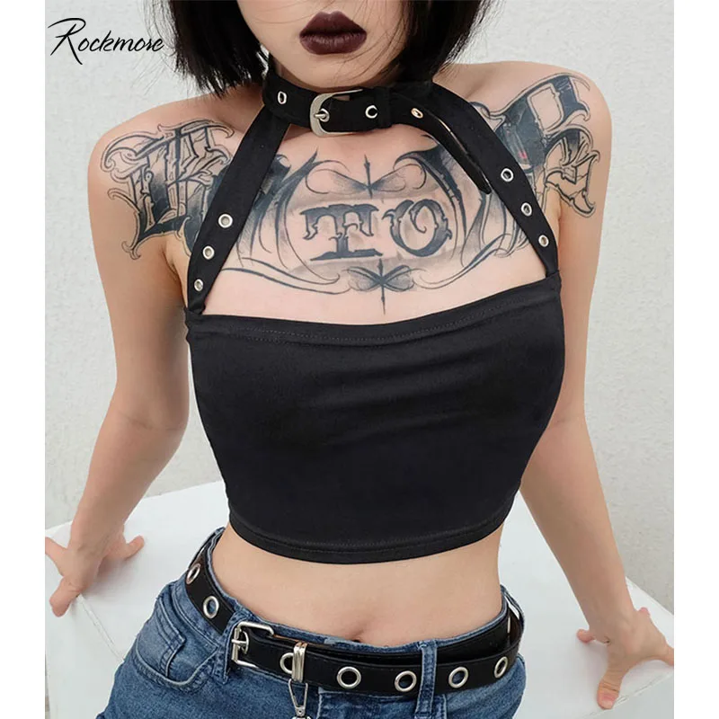 Rockmore Black Gothic Halter Buckle Tank Top Women Punk Style Cotton Suspender Backless Vest Crop Tops Femme Streetwear Clubwear | Женская