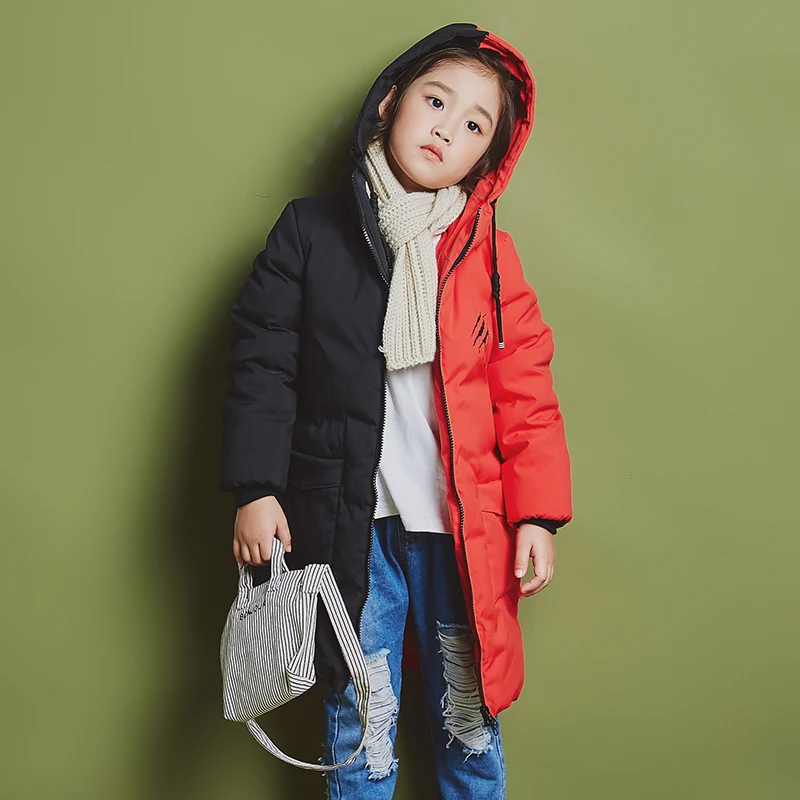 

YH-1818 Fashion Winter Girl Splice Color Thick Coat Long Children Duck Down Jacket Warm Hooded Teenage Kids Parka Boy Outerwear