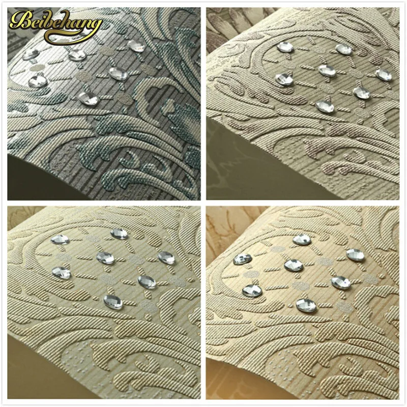 

beibehang European Luxury Diamond Crystal 3D Wallpaper Flocking Non-woven Wallpaper Roll,Living Room TV Wall Paper Roll Floral