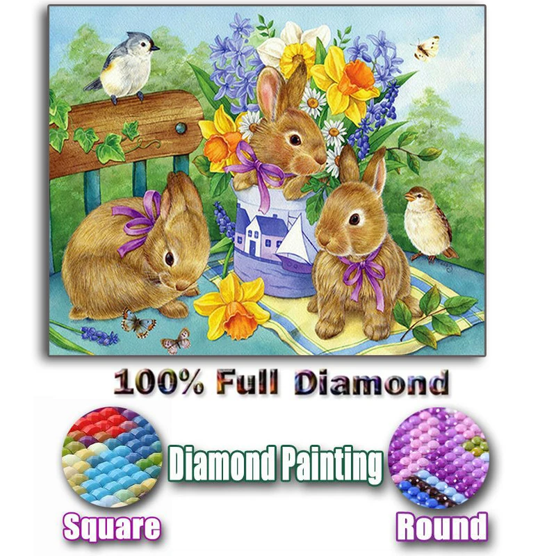 

Full Square/Round Drill 5D DIY Diamond Painting "Rabbit & flower bird" Embroidery Cross Stitch Mosaic Home Decor Gift