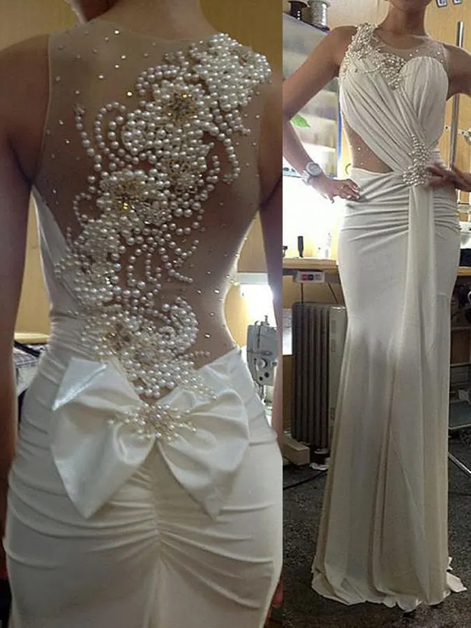 

robe de mariage Ensotek Sheer Neck Beaded Pearls Back Sheath Wedding Dresses Elegant Bridal Gowns vestido de noiva Customized